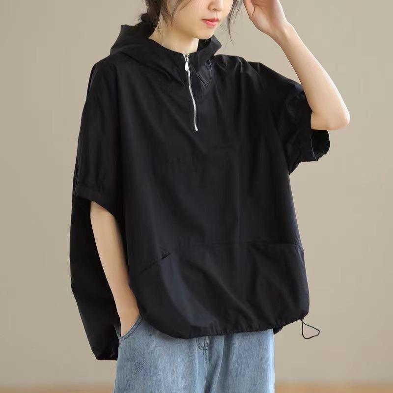 Hooded Women Summer  Loose Casual Zipper Short Sleeved T Shirt Fashion Sunscreen