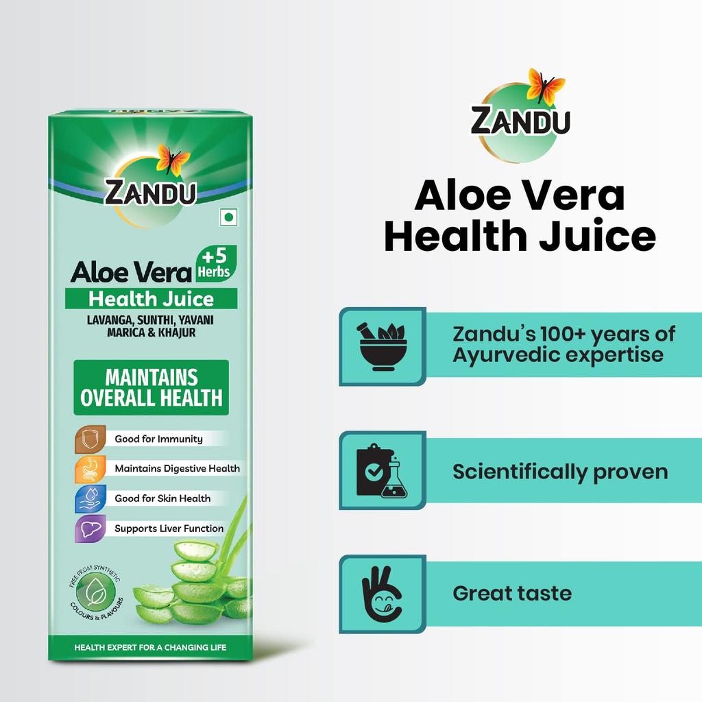 Zandu Aloe Vera + 5 Herbs Health Juice 1000 ml Ayurvedic Herbal Drink No Added Sugar Daily Wellness Digestive Skin Support