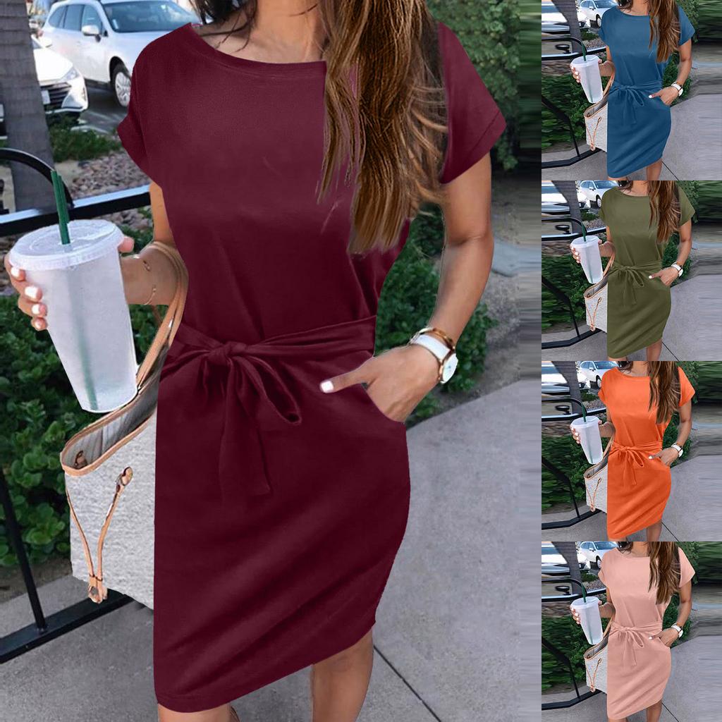 Women's Fashion Summer Color Crewneck Short Sleeve Lace-up Pocket Dress