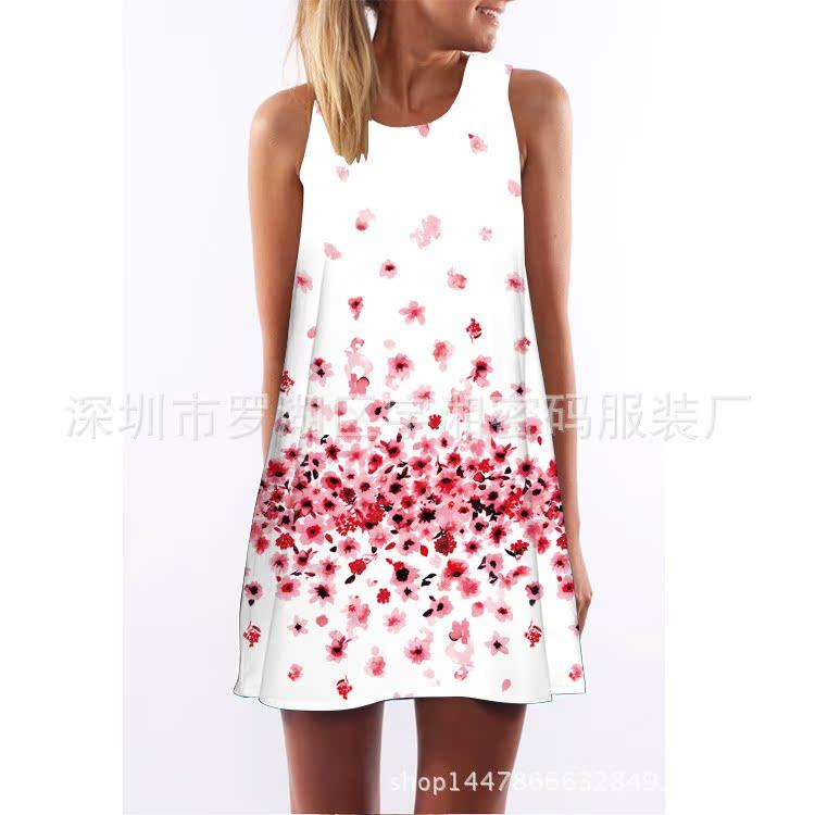Summer European and American new sleeveless medium and long suspender dress digital printing loose floral summer dress women S
