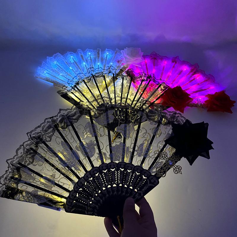 LED Luminous Lace Rose Folding Dance Fan - Chinese Style Wedding Accessory