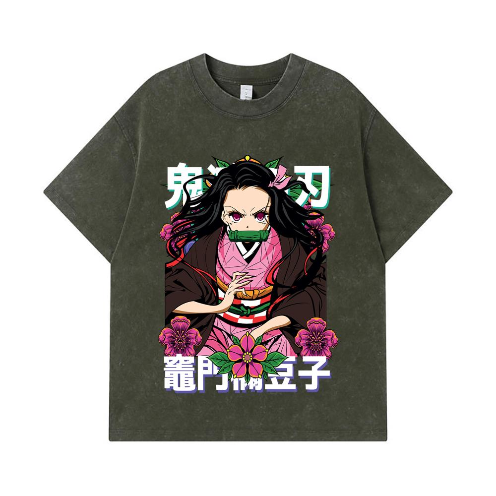 

275 GSM Washed T-shirts 100% Cotton Demon Slayer V70 Nezuko Flower Print Unisex Heavy Cotton T Shirt S армия зеленый