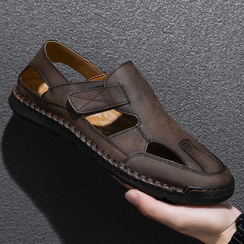 Fashion New Style Men's Sandals Summer Leather Hollow Out Shoes Outdoor Leisure Sports Beach Flats Male Mesh Footwear Wading Aqua Shoes