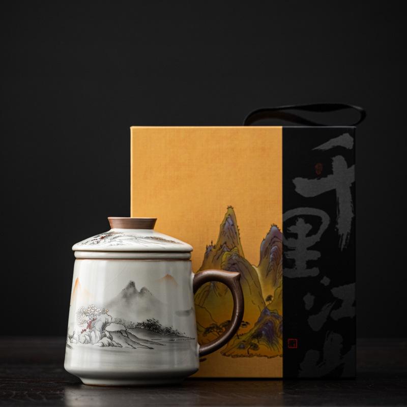 Fengtenwang Pavilion Ru Kiln Office Cup Tea Separation Ceramic Cup Mug Merchandise High-end Business Gifts
