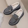 Women's Houndstooth Slip-On Moccasin-Style Shoes - Fleece-Lined Thick & Warm All-Season Comfort, Non-Slip EVA Sole, Round Toe Design with Lining