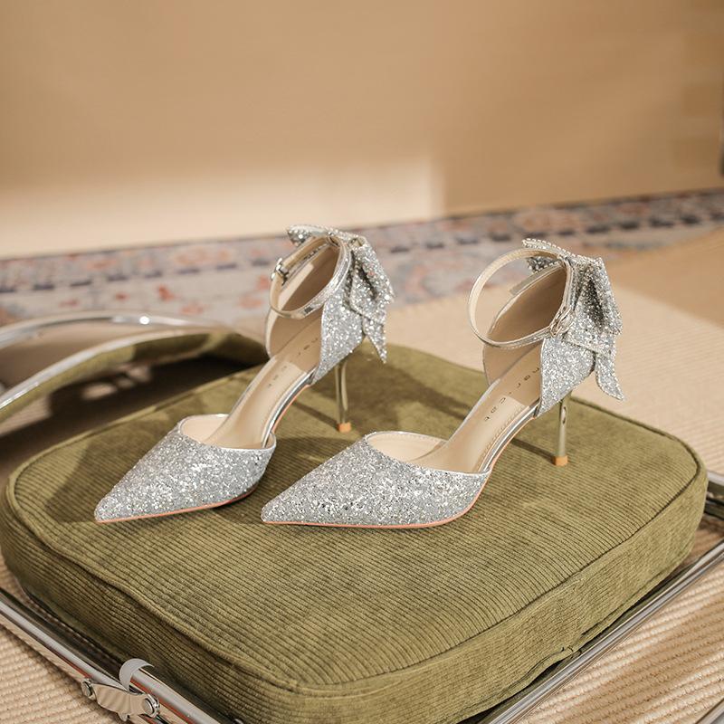 82326 High Heels Damen Stiletto 2025 Frühling Neu Silber Kristall Hochzeitsschuhe Spitz Strass Schleife Einzelne Schuhe