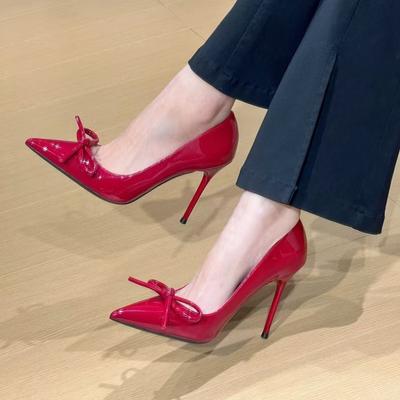 Kastanienbraune Schleife Damen High Heels Lackleder Flach Spitz Sexy Stilettos Pumps Elegante Professionelle Schuhe Bankette