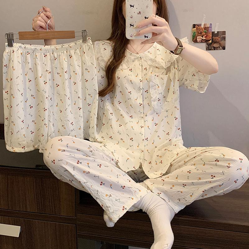 

Mori Маленький цветочный Высококачественный Облачный хлопок Кружевная пижама с кукольным воротником Женский летний комплект из трех предметов с коротким рукавом 2XL