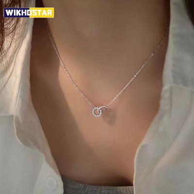 New S925 Silver Round Choker Zircon For Women Fashion Chain Minimalist Dainty Double Circle Pendant Necklace Neck Fine Jewelry