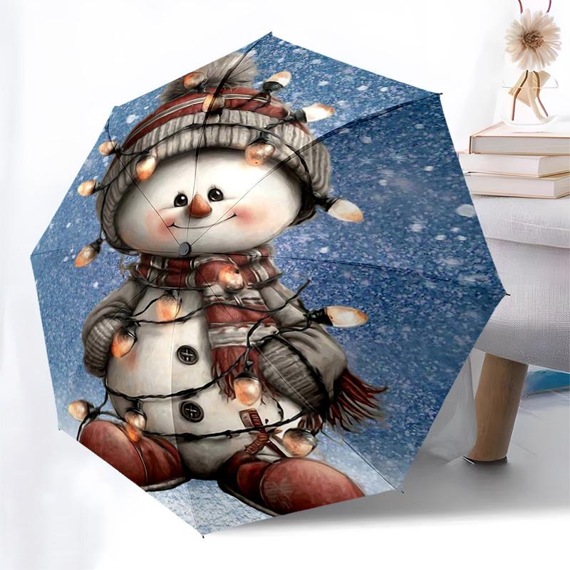 1pc Christmas Snowman String Lights Automatic Opening Umbrella with Foldable Design, 8-Iron Frame, Holiday Decoration Outdoor Garden Party Festival Gi
