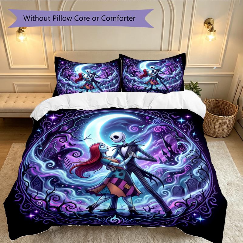 3pcs Duvet Cover Set, Halloween Jack Sally Skull Bedding Set, Machine Washable, Breathable Fabric, All-Season Cozy Bedroom Accessory