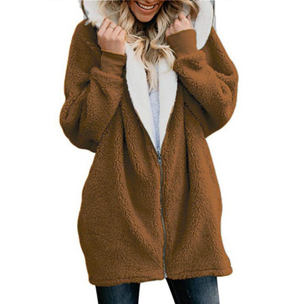 Fashion Solid Color Long-sleeved Hooded Knit Cardigan Jacket Winter Warm Zipper Coat