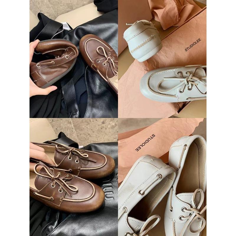 Spot Cowhide Version~ Grape Mother British Style Old Dirty Loafers Women's Lace-up Flat Bottom One Pedal Small Leather Shoes