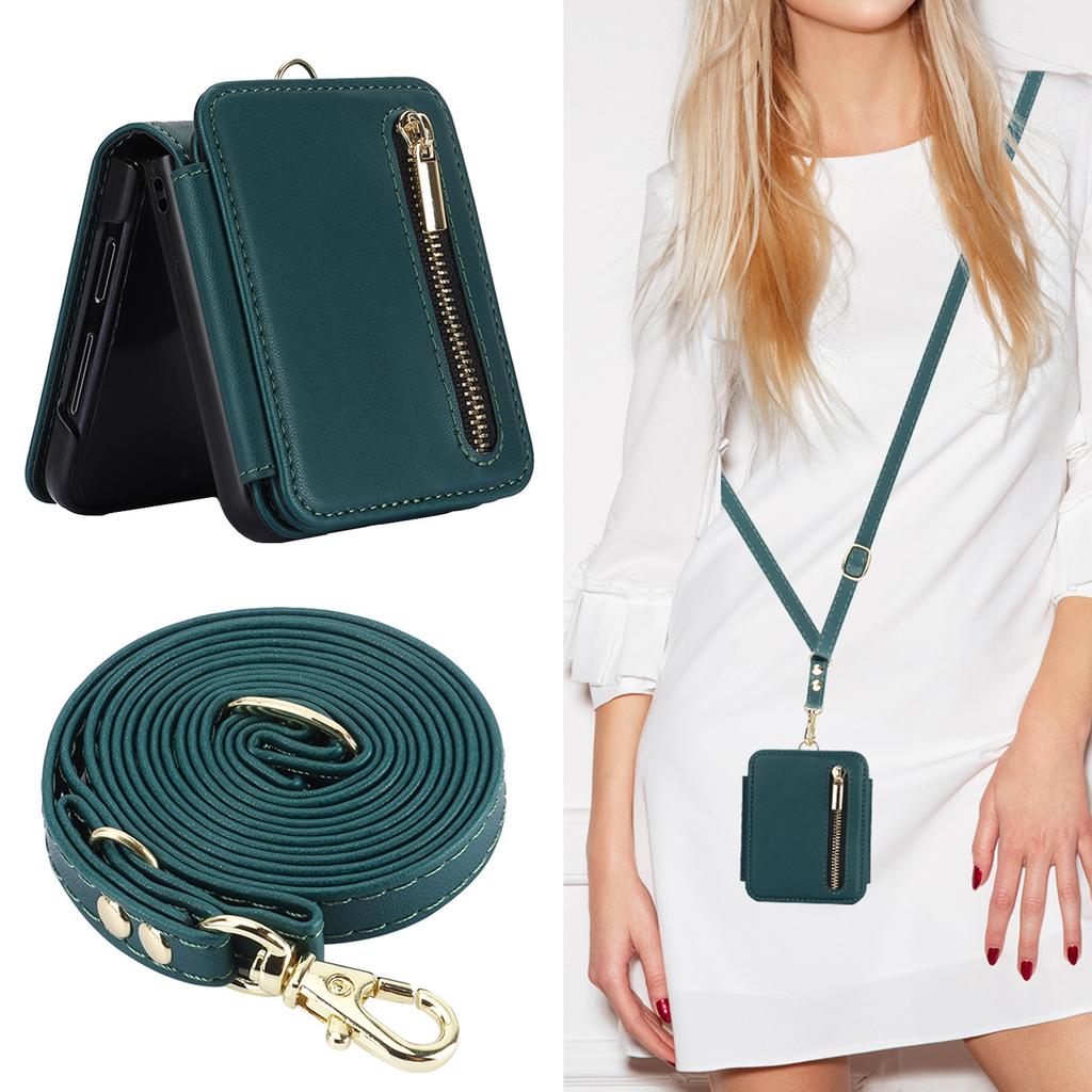 Applicable to Samsung Z Flip6 mobile phone case Z Flip5 solid color zipper change bag card holder diagonal strap