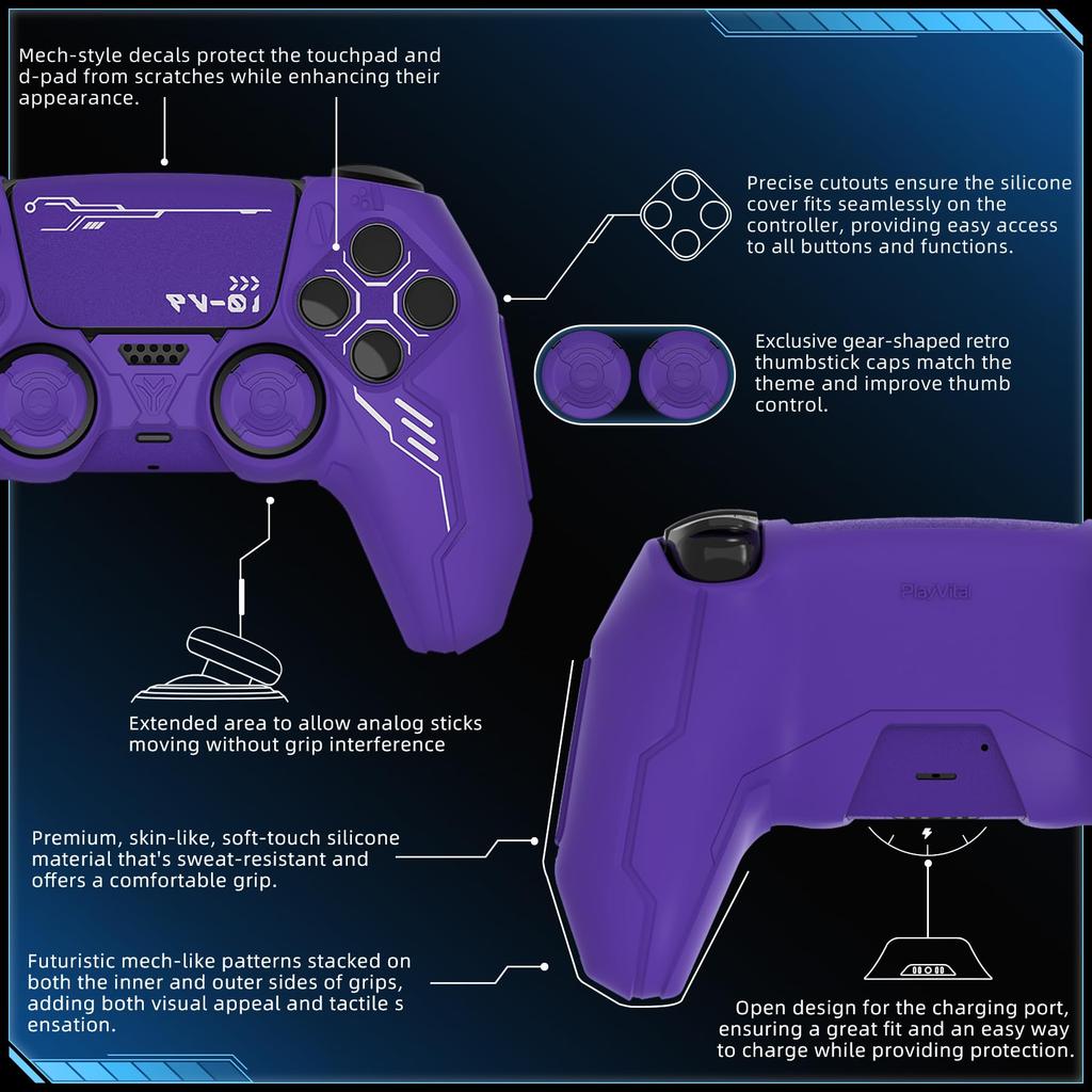 Silicone Cover for PlayVital Mecha Edition PS5 Improved Compatible with Charging Thumb Cap and Sticker Included Controller, Shockproof, Anti-slip