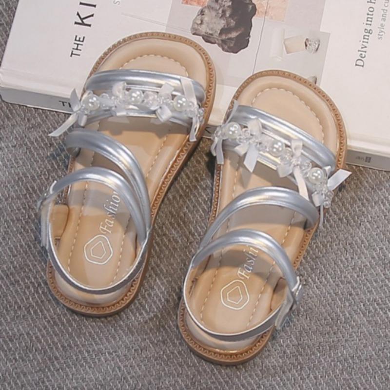 Girls Pearl Sandals Comfort Non-Slip Beach Shoes Hook & Loop Princess Sweet Beach Sandals