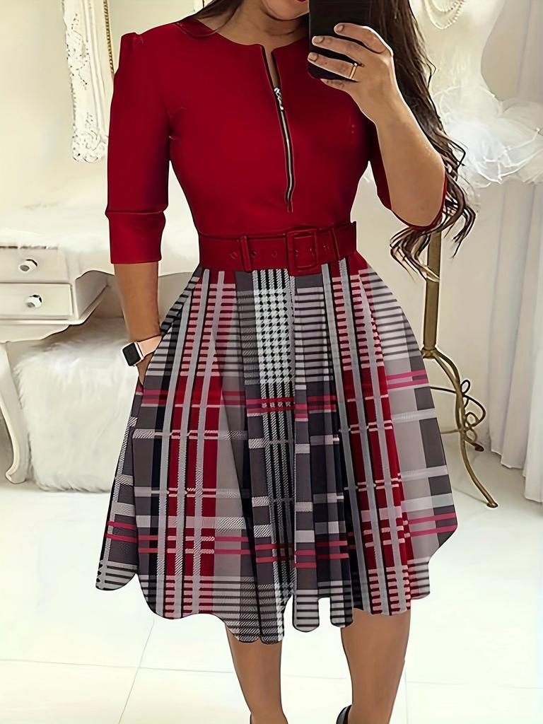 Women's Round Neck 3/4 Sleeve Geometric Print Midi Dress With Belt African Ethnic Office Swing Dress