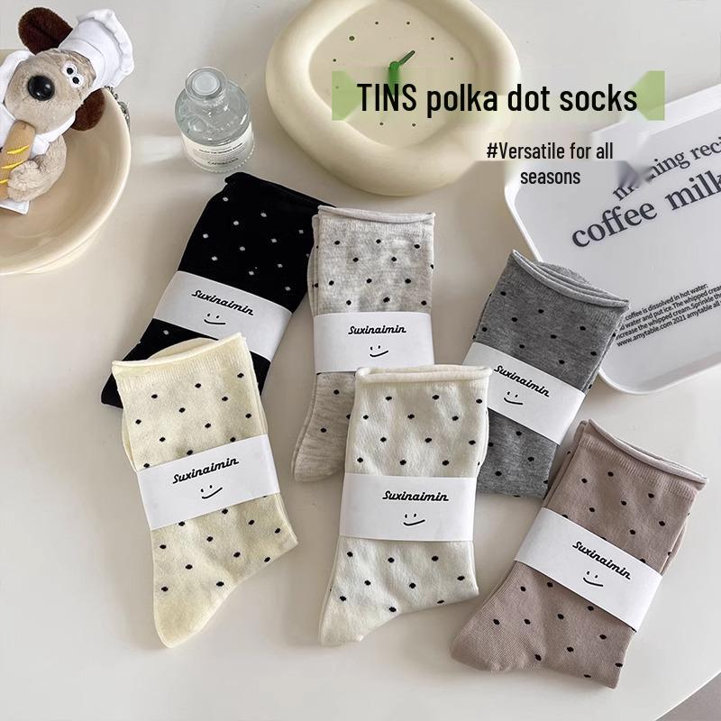 Women's Polka Dot Mid-Calf Socks - Spring To Autumn, Trendy Korean Style, Thin Sports Design with Rolled Edge.