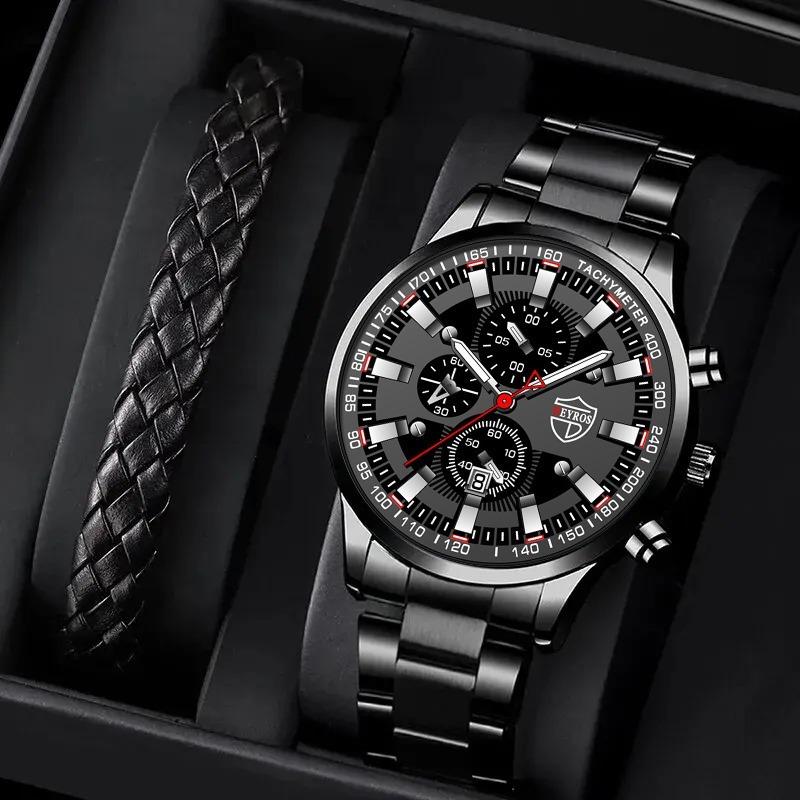 

2 шт./комплект 1 шт. Модные повседневные мужские кварцевые наручные часы с календарем из нержавеющей стали и 1 шт. Мужской браслет, мужские подарки