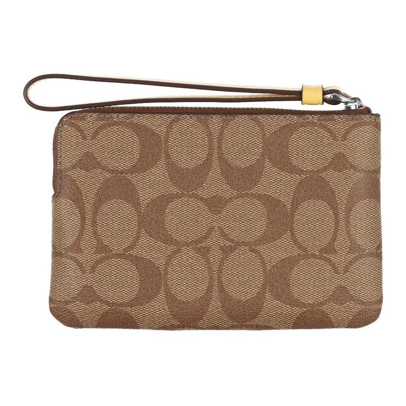 COACH clutch bag Corner Zip Wristlet 16 Letter Logo Logo Classic Print Stripes Coated Canvas and Cross Pattern Leather Wallet Mini Women's Silver