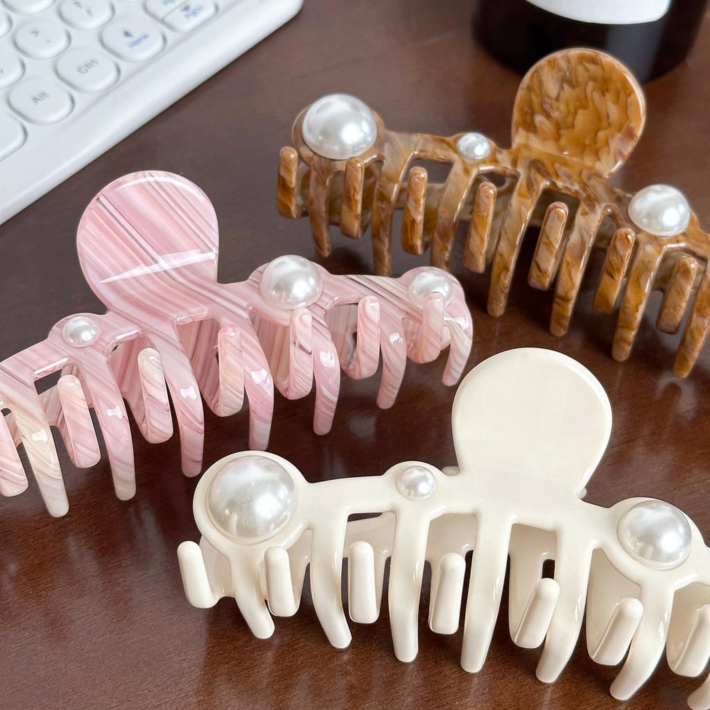 Large Extra Fashionable Pearl Inlaid Acetate Hair Clip Versatile Claw For Effortless Style