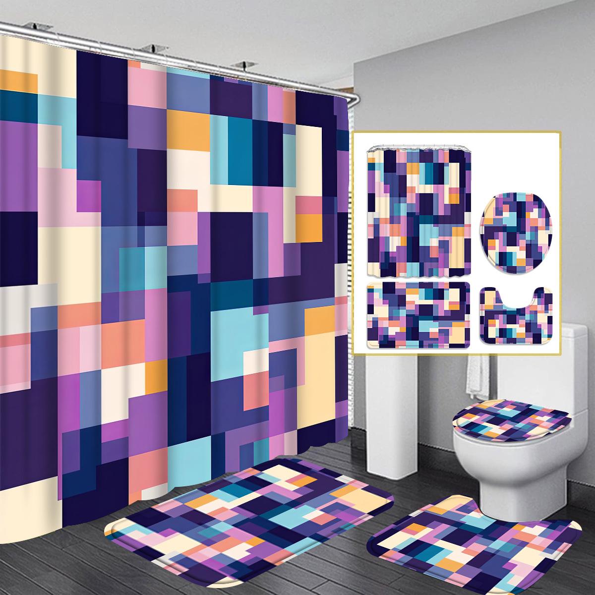 

Creative Grid Shower Curtain & Bathroom Set - Vibrant Geometric Design, Machine Washable Polyester, 12 Hooks, Toilet Seat Cover 90x180cm