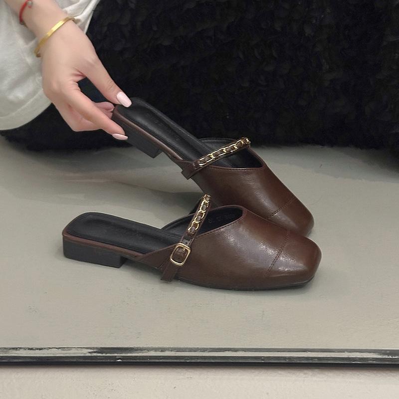 Spring 2025 New One-pedal Half-slippers Women's Korean Version Fashion Chain Flat-bottomed Outer Wear Bag Head Sandals Bag Head Shoes
