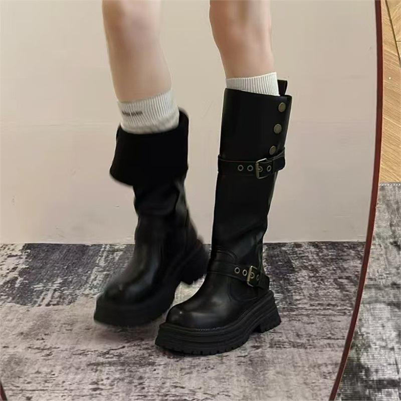 Version~ Leather Thick-Soled Maillard Boots Women'S Spring And Autumn Retro Velvet Versatile Tall Knight Boots