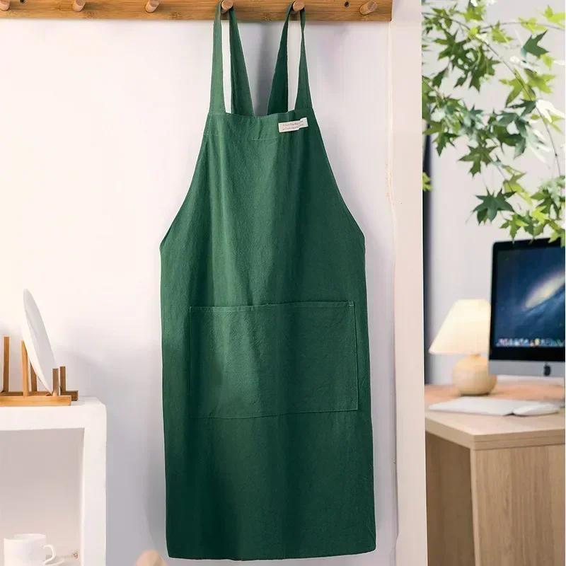 Women Simple Apron Denim Apron Cotton and Linen Solid Color Blouse Kitchen Florist Coffee Shop Apron