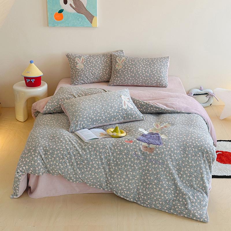Cartoon Sticker Embroidered Thickened Milk Fleece Four-Piece Set Coral Fleece Thermal Bed Sheet Quilt Cover Student Bedding
