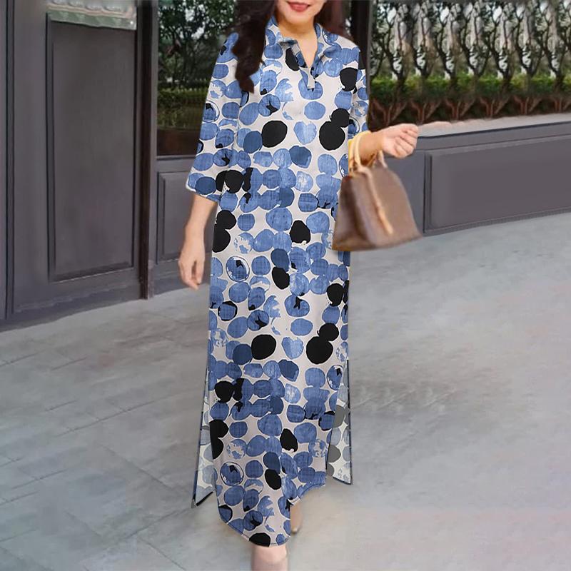 ZANZEA Women Turn Down Collar Long Sleeve Loose Print Shirt Dress