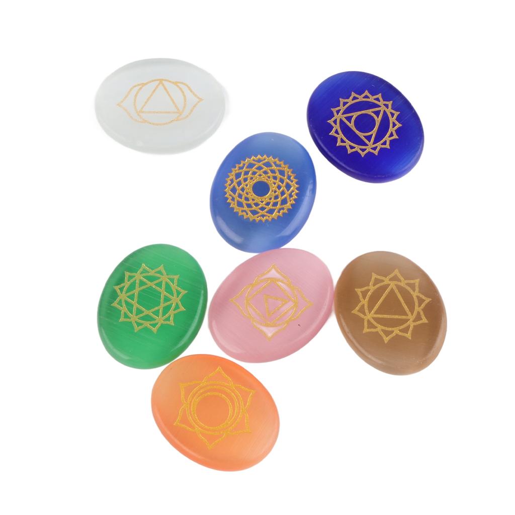 7Pcs Set Engraved Spiritual Healing Meditation Palm Stones Reiki Chakra Crystal