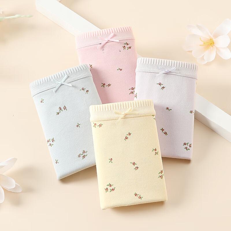 Fenteng Women's 2025 New Floral Mid-Waist Antibacterial Cotton Briefs 4-Pack