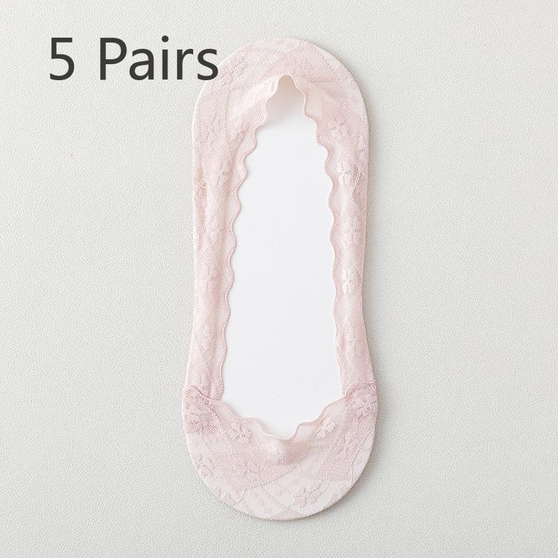 

5 пар женских тонких нескользящих носков весна-лето с неглубокой горловиной и невидимым кружевом на подошве из чистого хлопка, влагоотводящих 5 Pairs розовый