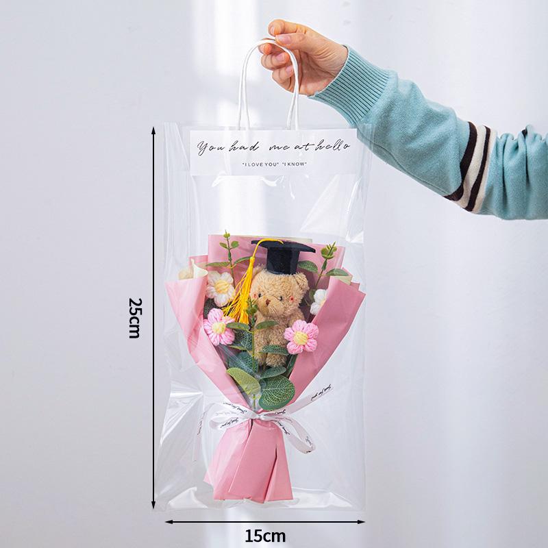 Dr.Bear Graduation Crochet Flower Bouquet Artificial Sunflower Hand Knitted Bouquets with Gift Bag Students Graduation Gift