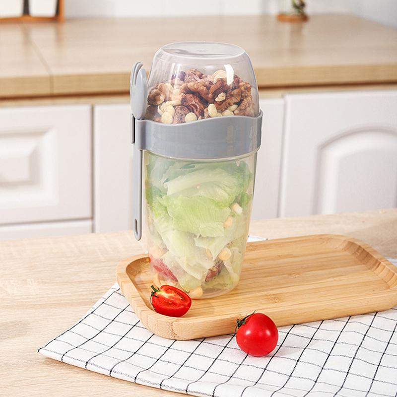 

Чашка для завтрака, фруктов, овсянки, йогурта, салата с крышкой, ложка, двухслойная портативная чашка для хранения еды для фитнеса, снижения веса серый