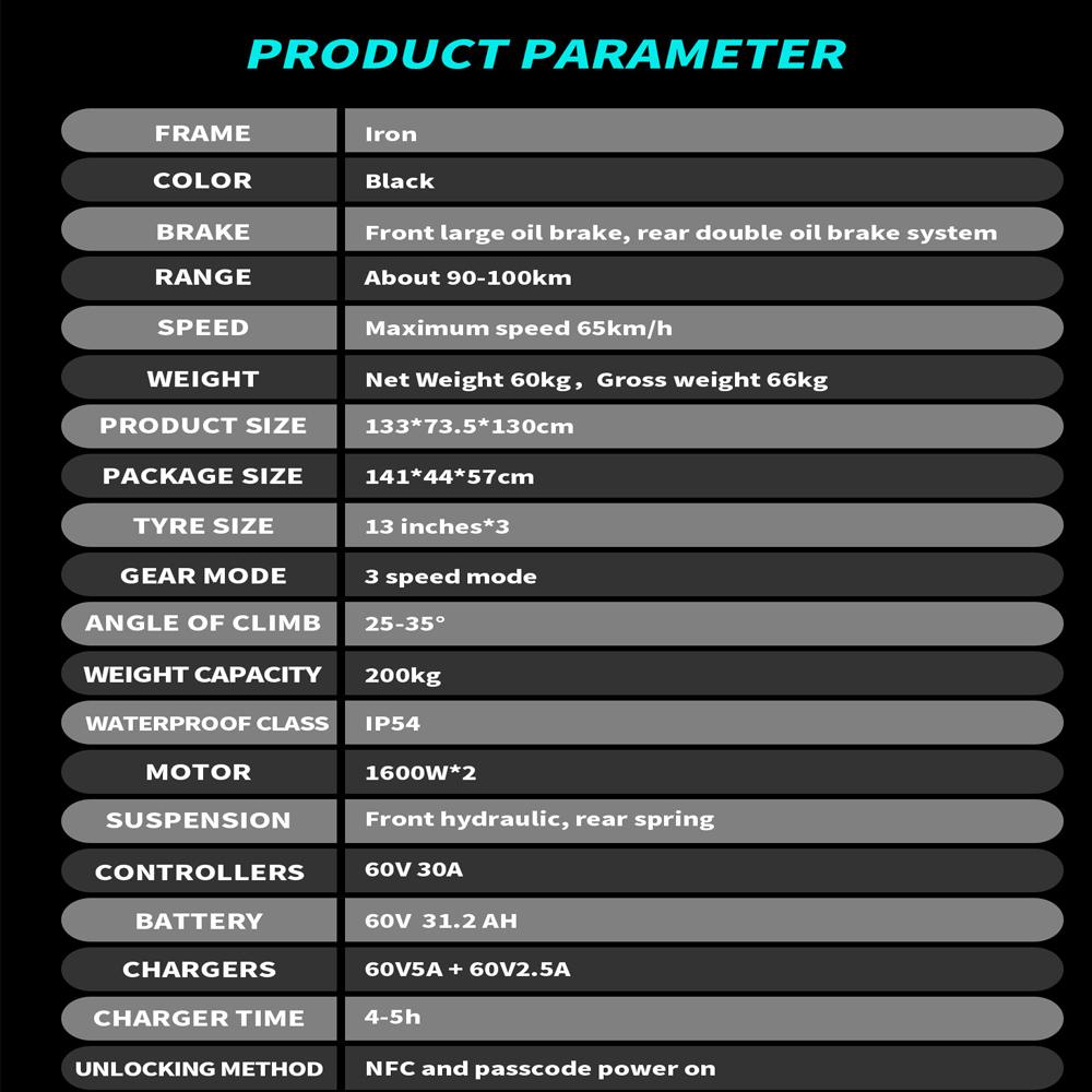 Elektroroller Klappbar OOTD T30 13" 1600W x 2 Motor Elektrischer Offroad-Roller für Erwachsene Mit Sitz 60V 31,2AH LCD-Display Höchstgeschwindigkeit 65 km/h