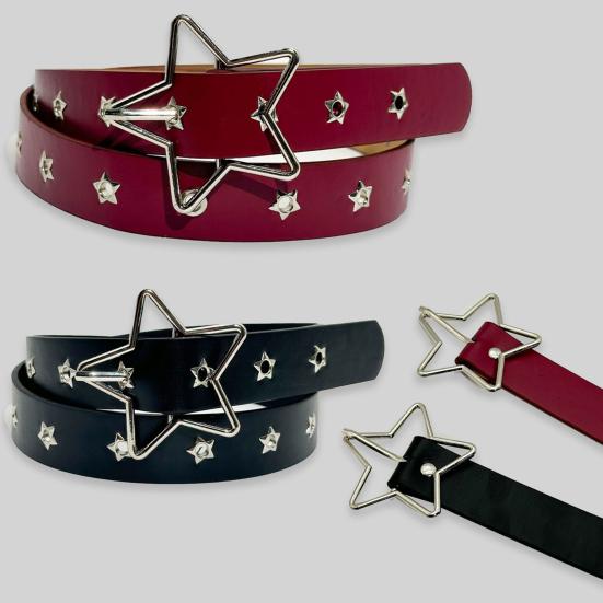 Women Belt Punk Style Rock Star Pattern Belt with Adjustable Hollow Hole Design Dresses Jeans Shirts Faux Leather Belt