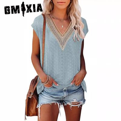 Summer Women's Women's T-shirt Hollowed Out V-neck Stitching Lace T-shirt