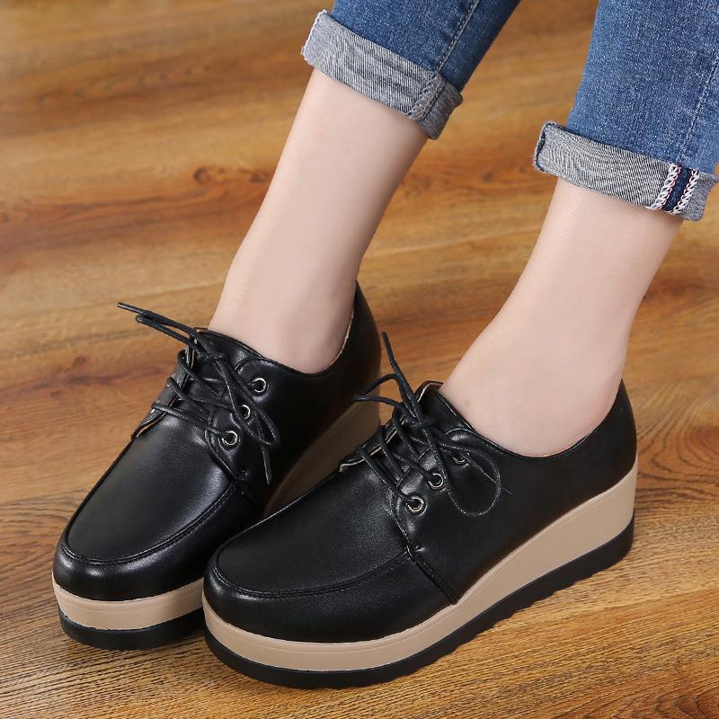 Autumn and winter new velvet versatile British small leather shoes platform muffin sole lace-up student single shoes casual shoes