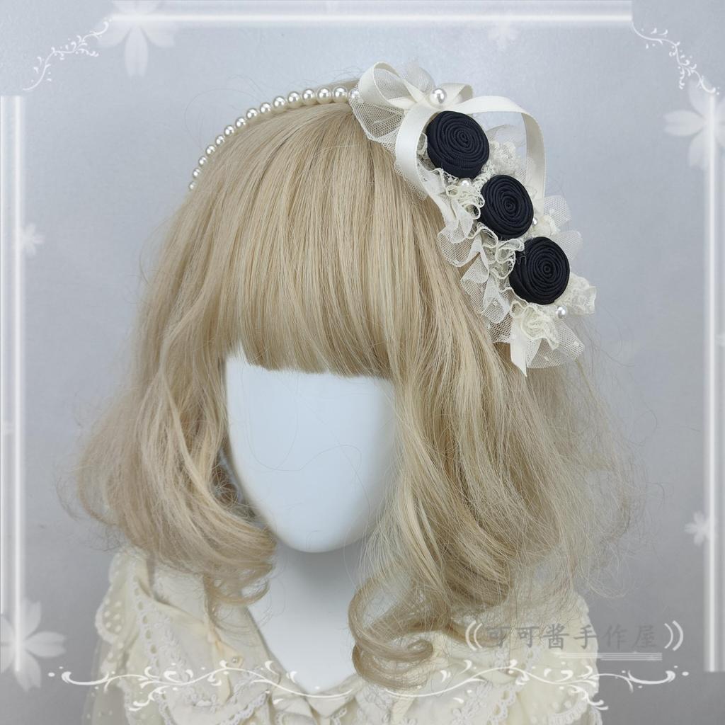 Original Handmade Ribbon Rose Headband Kc Lolita Pearl Headbands Elegant and Simple Versatile Hair Accessories for Women