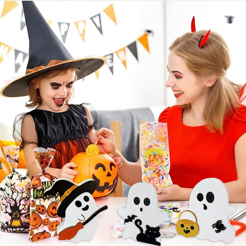 Cute Ghost Halloween Decorations for Indoors Spooky Decorations Wooden Black Cat Bat Witch Broom Signs Pumpkin Blocks Decor