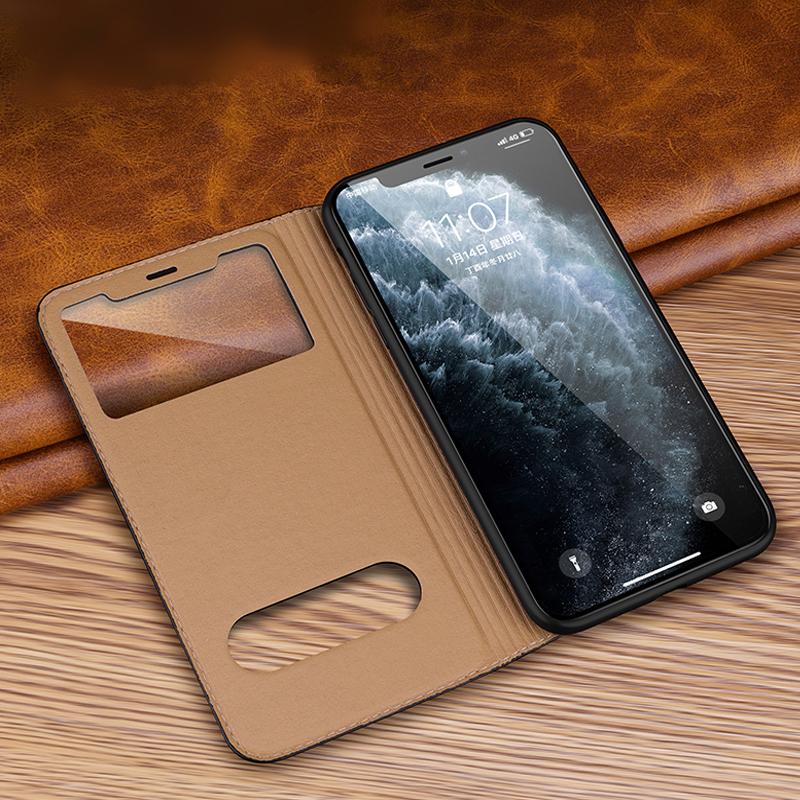 Magnetic 100% Genuine Leather View Window Case for iPhone 16 15 14 13 12 11 Pro MAX XR X Plus Case Wallet Flip Stand Free Answer