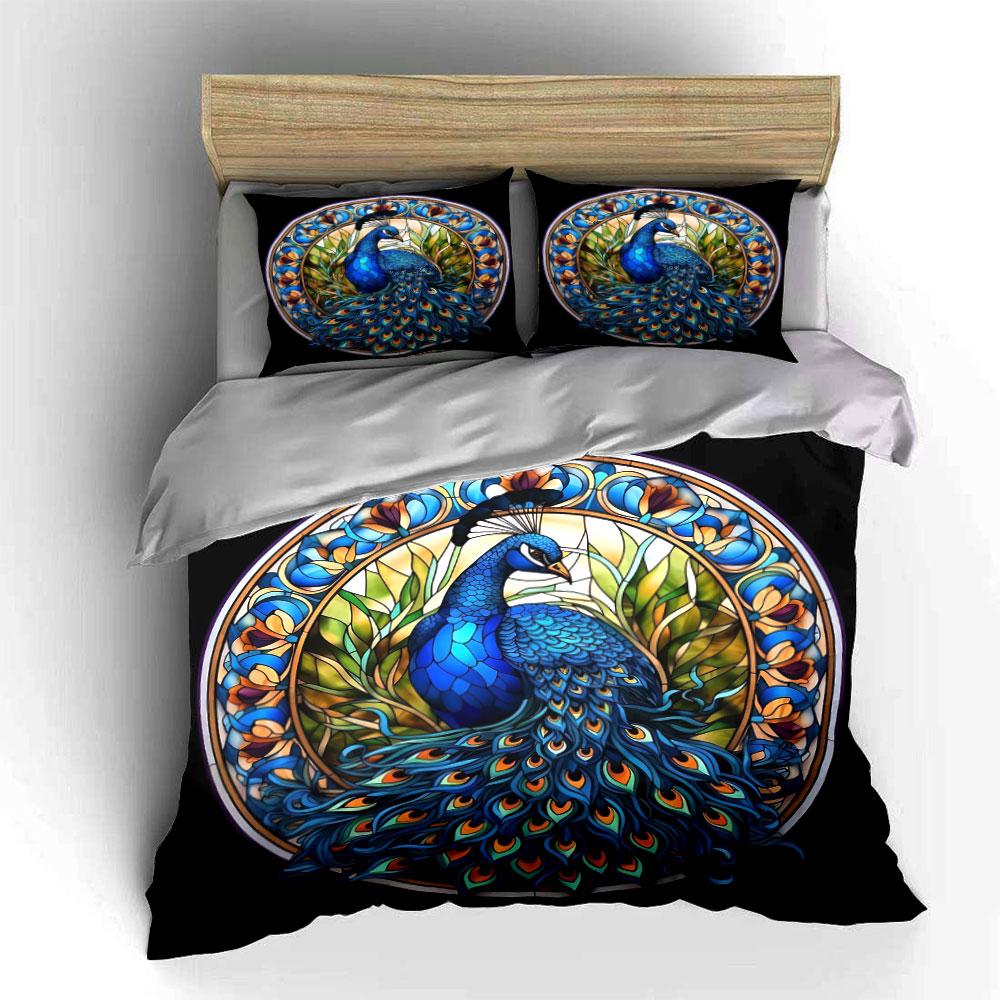 Colorful Peacock Stained Glass Decor Soft Comfortable Duvet Cover Bedding Set Included 1*Duvet Cover & 2*Pillowcases, Gift