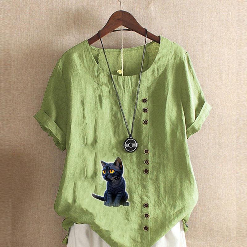 

Женская модная футболка с круглым вырезом и короткими рукавами с принтом «черный кот», повседневная хлопково-льняная рубашка с рисунком, свободная летняя блузка для отдыха, топы 5XL зелёный