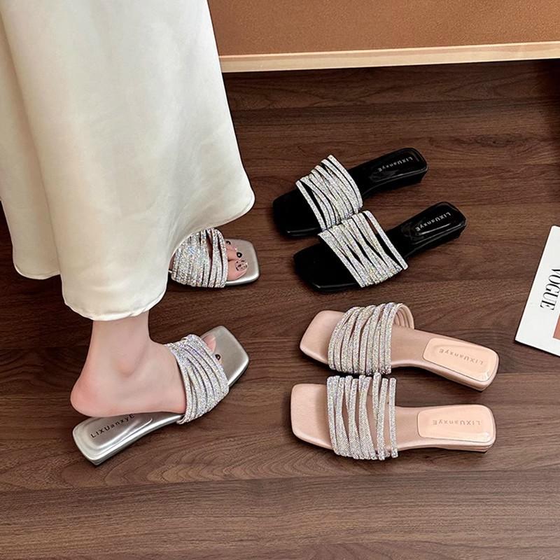 Premium flat-bottomed one-word drag shoes summer French beautiful outer wear with skirt casual beach women's wedge heel sandals