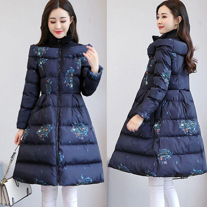 

Cotton Jacket Women s Medium Long Winter Korean Version Slim Print Thick Cotton Cloak Jacket Female Warm Parka Overcoat XS темно-синий