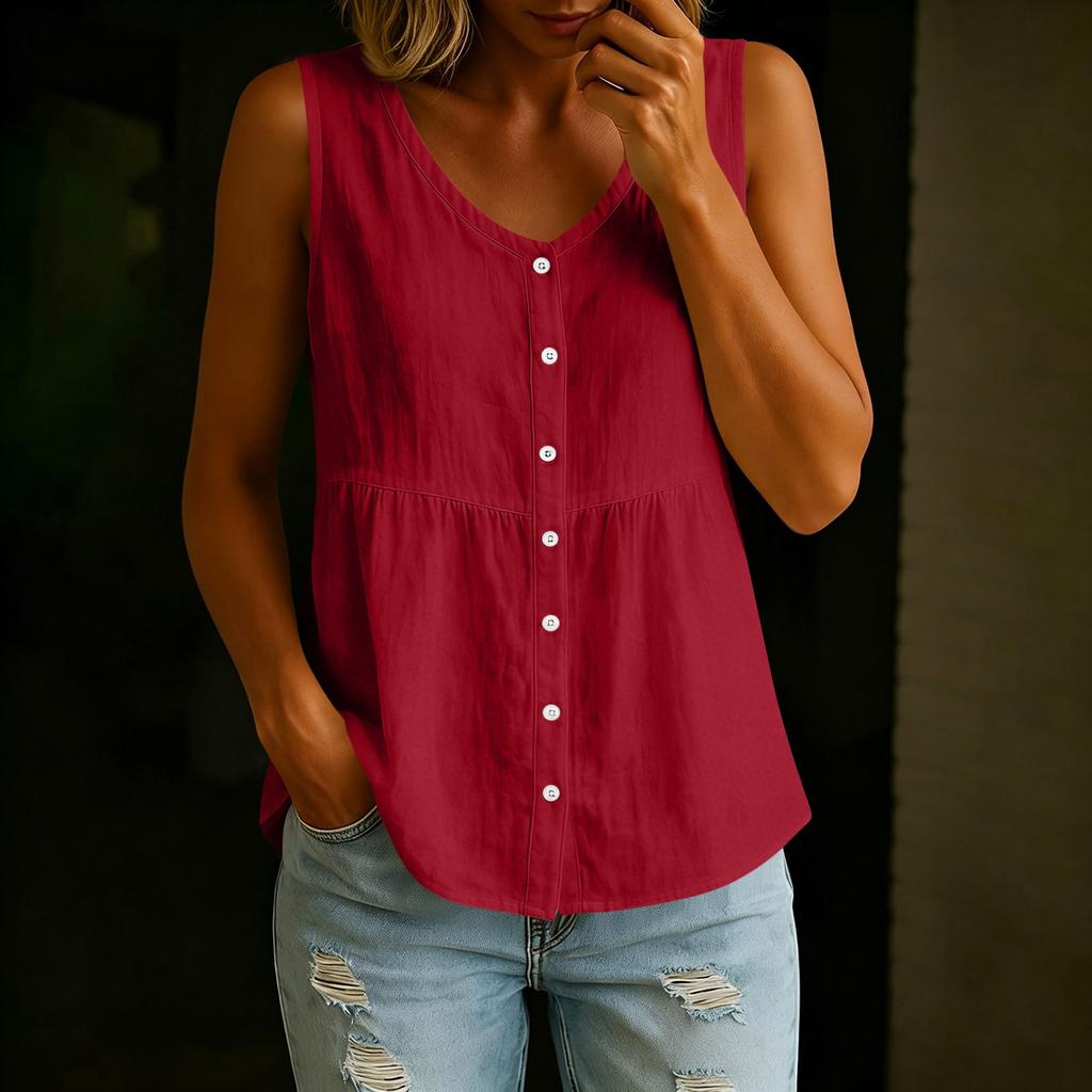 Women’s V Neck Button Front Sleeveless Loose Fit Casual Summer Blouse Top Relaxed Style Lightweight Comfortable Shirt