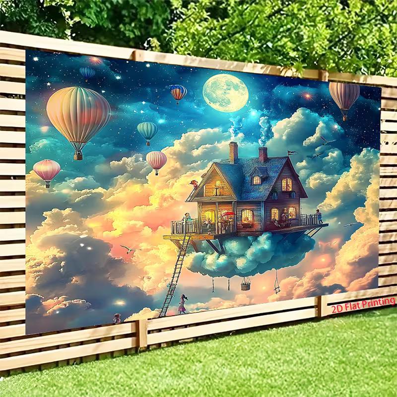 2D Dreamy Cloud House Backdrop, Kids Party and Room Decor Background Cloth