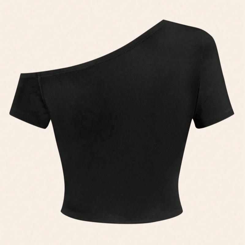 European and American Summer Women's Fashion Trend Hot Stamping Diamond Slim Fit Slanted Shoulder Exposed Navel Short T-shirt